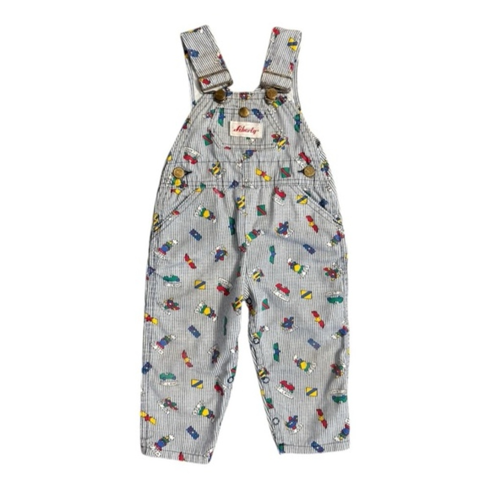 Vintage Liberty Railroad Stripe Overalls Toddler 18M Colorful Train Print